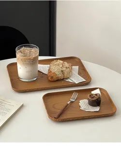 Ins style wood grain rectangular plastic tray cafe serving tray for bread dessert coffee cup