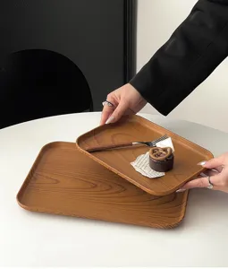 Ins-style wood grain rectangular plastic tray for household kitchen, cafe, and dessert display.