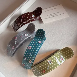 Korean acetate polka dot hair claw clip, large duckbill horizontal clip with cute donut charms.