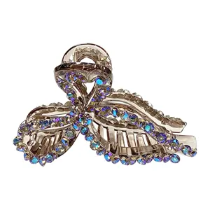 Exquisite purple rhinestone hair claw clip, shiny bow heart crystal hair accessory for women.