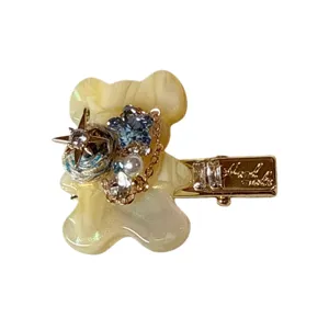 Sweet cute acetate bear hair clip with rhinestones, side bangs duckbill clip for women.