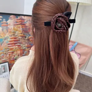 Retro brown polka dot fabric rose rhinestone hair clip elegant duckbill clip for women back hair