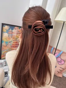 Retro fabric rose hair clip with sparkling rhinestones, elegant dark brown duckbill barrette.