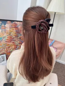 Retro fabric rose hair clip for women, elegant polka dot rhinestone duckbill barrette back head.