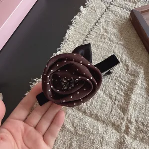 Retro fabric rose rhinestone hair clip, elegant brown polka dot duckbill clip for women.