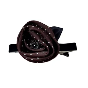 Retro brown polka dot fabric rose flower hair clip with sparkling rhinestone center and duckbill base