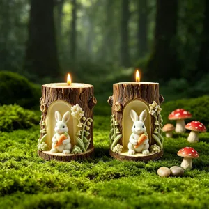 Easter forest tree stump rabbit scented candle set with cute carrot and floral details in scene.