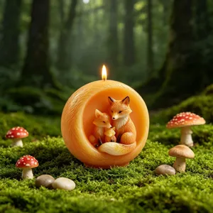 Detailed view of cute fox family scented candle in forest moss scene, warm glowing flame.