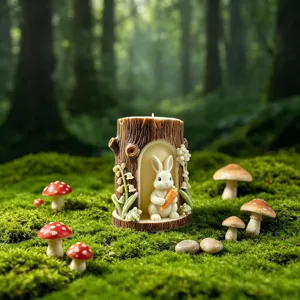 Easter forest tree hole rabbit scented candle detail view, handmade cute animal wax decor.