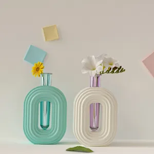 Modern minimalist ring vase detail, pastel aesthetic desktop ornament with glass test tube.