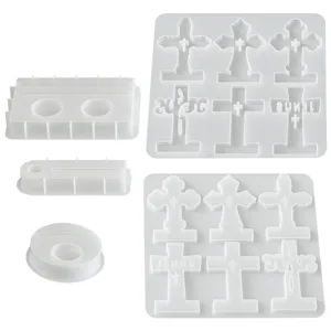 Silicone candle mold set featuring cross tombstone designs and base stands for DIY plaster crafts.