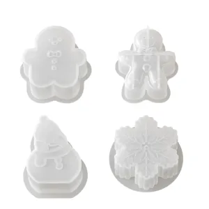 Christmas silicone molds detail showcasing translucent gingerbread man, snowman, and snowflake shapes.