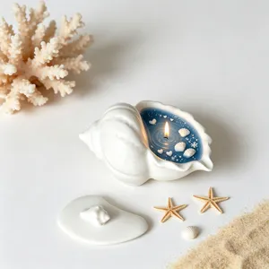 Exquisite shell shaped scented candle with blue gel wax inside, perfect coastal decor.
