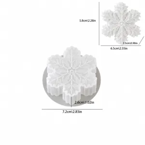 Silicone snowflake mold detail view showing dimensions and 3D textured snowflake design.