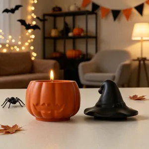 Halloween pumpkin candle jar with witch hat lid detailed view, spooky home decor display.