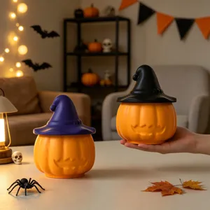 Halloween pumpkin storage jar detail, cute witch hat design, desktop festive decoration prop.