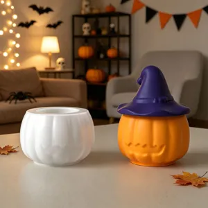 Detailed view of Halloween pumpkin silicone molds with witch hat lid, candle cup display.