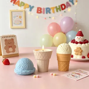 Detailed view of ice cream cone scented candles and silicone molds in a cozy party scene setup.