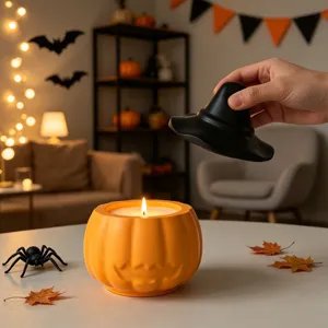 Halloween pumpkin candle holder with witch hat lid, perfect cozy autumn home decor jar.
