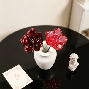 Detailed view of crystal epoxy resin 3D poppy flowers ornament in white ceramic vase desktop decor.