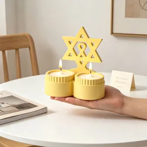 Yellow double cup candle holder with star design, minimalist home decor aesthetic tabletop display.