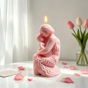 Handgemaakte moeder en kind geurkaars, roze esthetische wassen sculptuur decor cadeau.