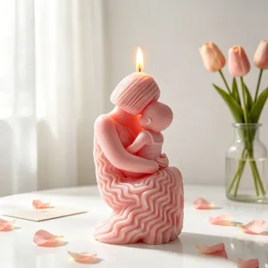 Details geurkaars moeder en kind, ideal voor een gezellige huisdecoratie en een warme romantische sfeer.