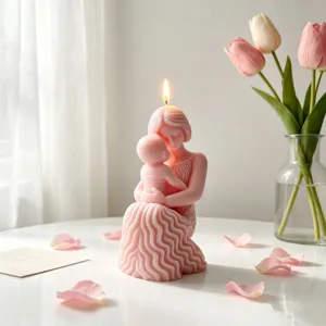 Roze geurkaars in de vorm van moeder en kind omhelzing, prachtig hoofdaanzicht.