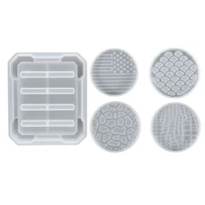 Silicone coaster tray mold set with flag and geometric textures for DIY resin casting crafting.