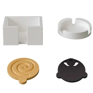 Silicone mold set featuring square holder, round tray, spiral coaster, and cute cartoon base.