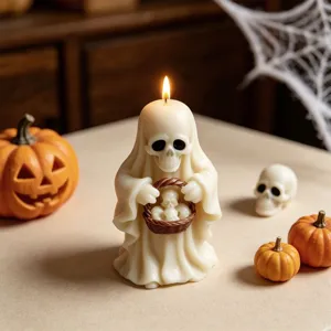 Κερί φάντασμα κρανίο Halloween με καλάθι και κολοκύθες, διακοσμητική φιγούρα κεριού.