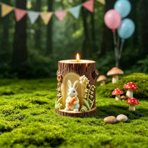 Easter forest tree hole rabbit scented candle, cute bunny with carrot design for party decor.