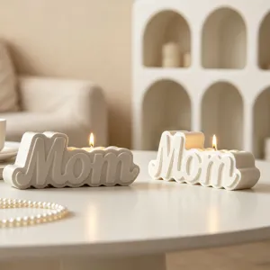 White Mom letter scented candle detail view, elegant home decor table setting for gift.