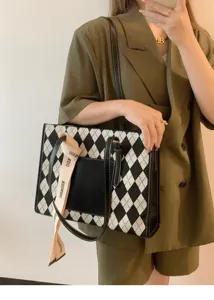 Argyle pattern tote bag for women, large capacity shoulder bag for daily commute and office use.