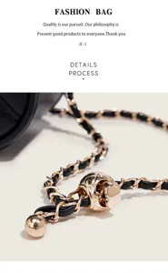 Close up of luxury quilted chain bag strap with adjustable gold metal ball. Elegant hardware.