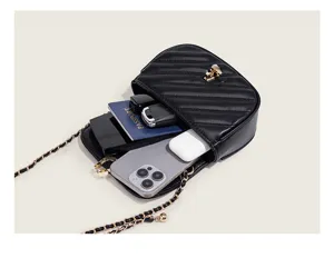 Black quilted chain crossbody bag for women, elegant small shoulder bag with phone capacity.