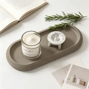Minimalist oval ribbed tray for home decor, aesthetic storage plate and candle holder base.