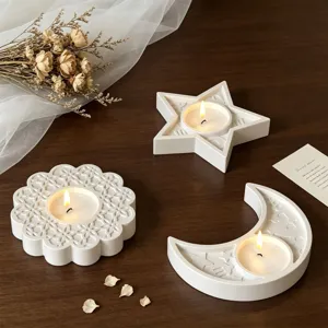 White geometric candle holders set flower star moon silicone mold DIY gypsum tray decor
