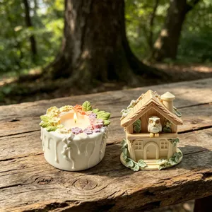 Forest owl wooden house and floral cake scented candle set for home decor and cozy atmosphere.