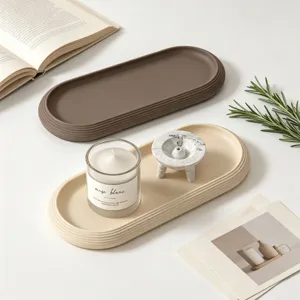 Minimalist oval ribbed tray for home decor, stylish desktop storage dish and aesthetic organizer.