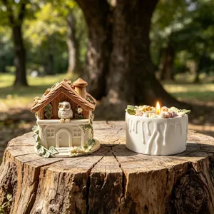 Detailed view of 3D forest owl wooden house and cream lace candle cup mold display outdoors.