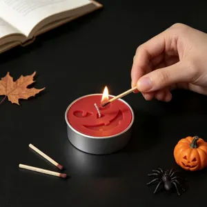 Detail shot of a Halloween tealight candle with carved pumpkin face being lit with a match.