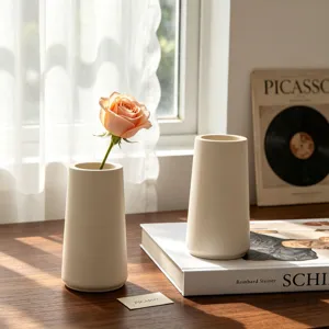Minimalist cylindrical ceramic vase desktop decor home ornament aesthetic white flower pot