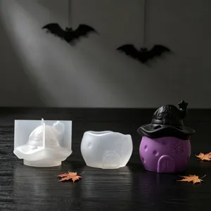 Halloween witch hat house candle jar silicone mold, DIY spider web resin craft making tool.