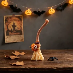 Vue detaillee du moule a bougie balai d'Halloween relief squelette citrouille sur table bois