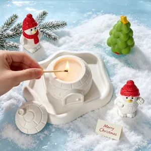 Igloo candle jar with Christmas snowman tree decor set winter holiday gift detail view