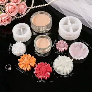 Silicone mold set for resin casting, including striped storage jar and daisy flower molds.