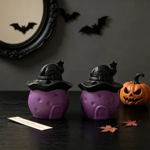Halloween witch hat house candle holder silicone mold, creative spider web storage jar.