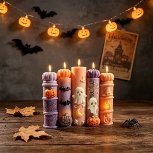 Bougies piliers Halloween design fantôme citrouille pour décoration de fête effrayante.