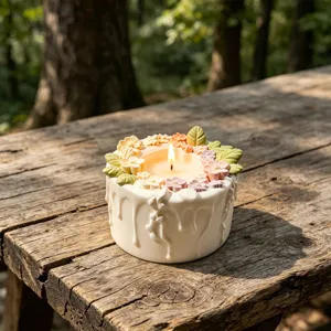 Handcrafted floral scented candle with dripping wax design on rustic wooden table background.